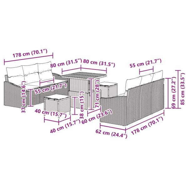 9-teiliges Garten-Sofaset mit Kissen graues Poly Rattan Akazie, 2-Sitzer Garten-Sofa mit Kissen graues Poly Rattan, 3-teiliges Garten-Ess-Set mit Kissen graues Poly Rattan Akazie
