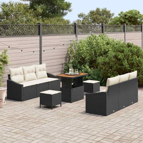 9-teiliges Garten Sofa Set mit Kissen aus schwarzem Poly-Rattan Akazie, 2-Sitzer Garten Sofa mit Kissen aus schwarzem Poly-Rattan, 3-teiliges Garten Esstisch-Set mit Kissen aus schwarzem Poly-Rattan Akazie