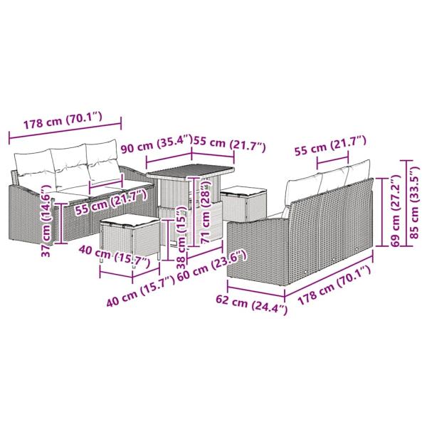 9-teiliges Garten-Sofa-Set mit Kissen Beige Poly Rattan Akazie, 2-Sitzer Garten-Sofa mit Kissen Beige Poly Rattan, 3-teiliges Garten-Dining-Set mit Kissen Beige Poly Rattan Akazie