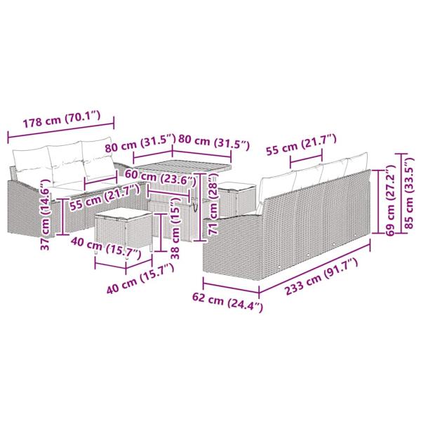 10-teiliges Garten-Sofa-Set mit Kissen Schwarz Poly-Rattan Akazie, 2-Sitzer Garten-Sofa mit Kissen Schwarz Poly-Rattan, 3-teiliges Garten-Ess-Set mit Kissen Schwarz Poly-Rattan Akazie