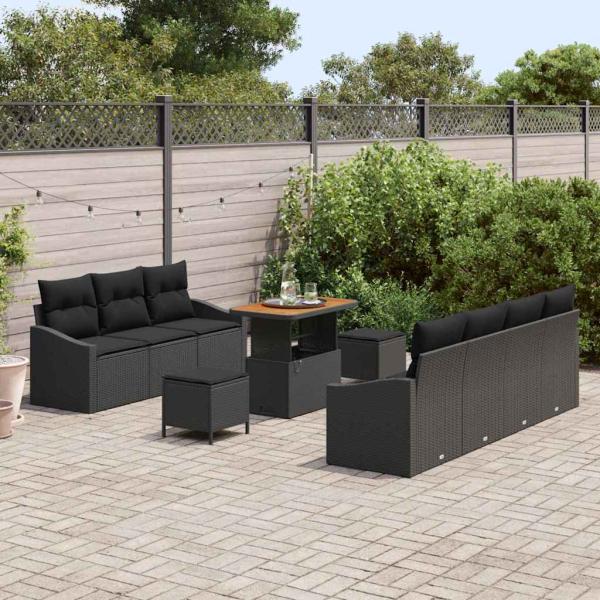 10-teiliges Garten Sofa Set mit Kissen Schwarz Poly Rattan Akazie, 2-Sitzer Garten Sofa mit Kissen Schwarz Poly Rattan, 3-teiliges Garten Ess-Set mit Kissen Schwarz Poly Rattan Akazie
