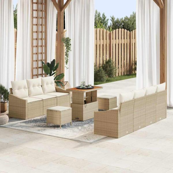 ARDEBO.de - 10-teiliges Garten Sofa Set mit Kissen Beige Poly Rattan Akazie, 2-Sitzer Garten Sofa mit Kissen Beige Poly Rattan, 3-teiliges Garten Esszimmer Set mit Kissen Beige Poly Rattan Akazie