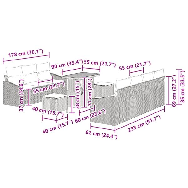 10-teiliges Garten Sofa Set mit Kissen Beige Poly Rattan Akazie, 2-Sitzer Garten Sofa mit Kissen Beige Poly Rattan, 3-teiliges Garten Esszimmer Set mit Kissen Beige Poly Rattan Akazie