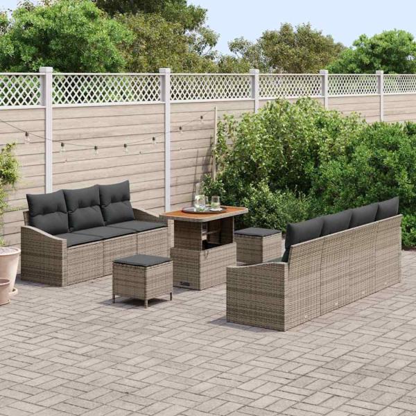 ARDEBO.de - 10-teiliges Garten-Sofa-Set mit Kissen Grau Poly Rattan Akazie, 2-Sitzer Garten-Sofa mit Kissen Grau Poly Rattan, 3-teiliges Garten-Ess-Set mit Kissen Grau Poly Rattan Akazie