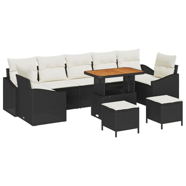 10-teiliges Garten-Sofaset mit Kissen Schwarz Poly-Rattan Akazie, 2-Sitzer Garten-Sofa mit Kissen Schwarz Poly-Rattan, 3-teiliges Garten-Dining-Set mit Kissen Schwarz Poly-Rattan Akazie