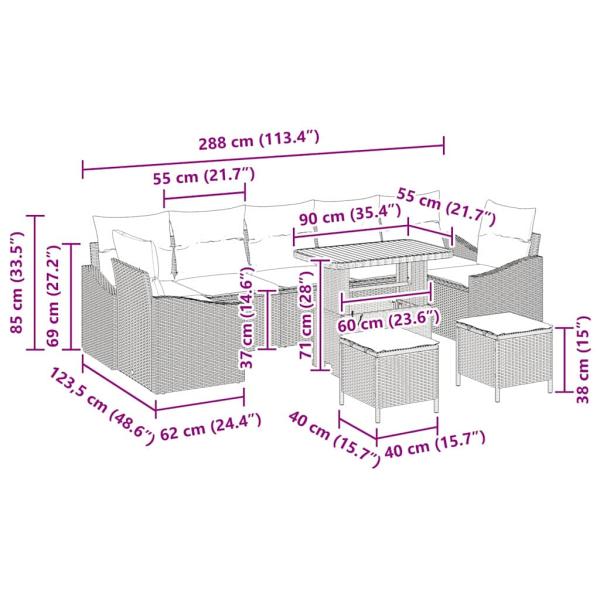 10-teiliges Garten Sofa Set mit Kissen Beige Poly Rattan Akazie, 2-Sitzer Garten Sofa mit Kissen Beige Poly Rattan, 3-teiliges Garten Esszimmer Set mit Kissen Beige Poly Rattan Akazie