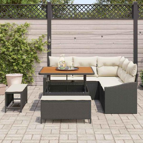 8-teiliges Garten Sofa Set mit Kissen Schwarz Poly Rattan Akazie, 2-Sitzer Garten Sofa mit Kissen Schwarz Poly Rattan, 3-teiliges Garten Esstisch Set mit Kissen Schwarz Poly Rattan Akazie