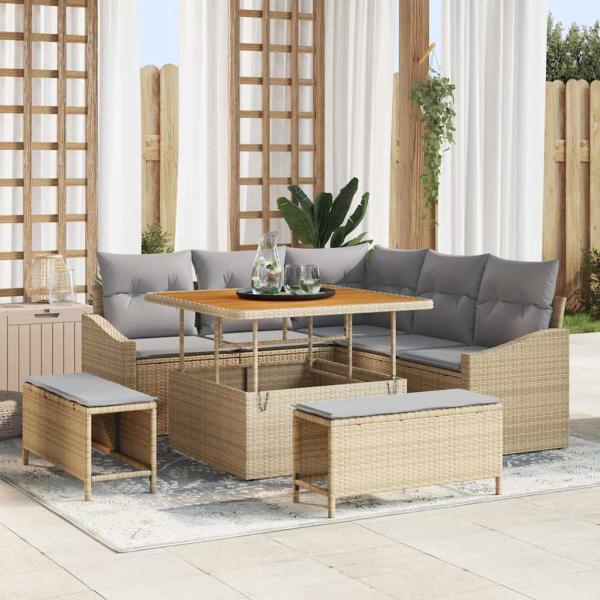ARDEBO.de - 8-teiliges Garten Sofa Set mit Kissen Beige Poly Rattan Akazie, 2-Sitzer Garten Sofa mit Kissen Beige Poly Rattan, 3-teiliges Garten Esstisch Set mit Kissen Beige Poly Rattan Akazie