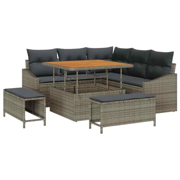8-teiliges Garten Sofa Set mit Kissen Grau Poly Rattan, 2-Sitzer Garten Sofa mit Kissen Grau Poly Rattan, 3-teiliges Garten Essenset mit Kissen Grau Poly Rattan