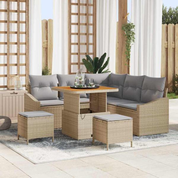 ARDEBO.de - 8-teiliges Garten-Sofa-Set mit Kissen Beige Poly Rattan Akazie, 2-Sitzer Garten-Sofa mit Kissen Beige Poly Rattan, 3-teiliges Garten-Ess-Set mit Kissen Beige Poly Rattan Akazie