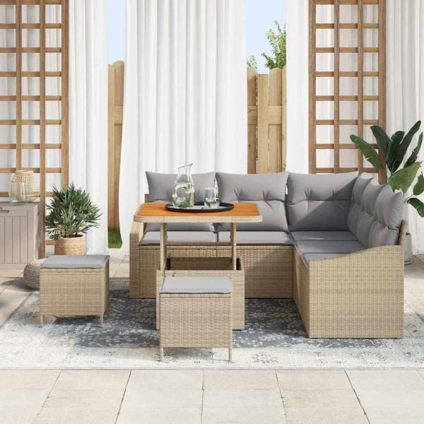 8-teiliges Garten-Sofa-Set mit Kissen Beige Poly Rattan Akazie, 2-Sitzer Garten-Sofa mit Kissen Beige Poly Rattan, 3-teiliges Garten-Ess-Set mit Kissen Beige Poly Rattan Akazie