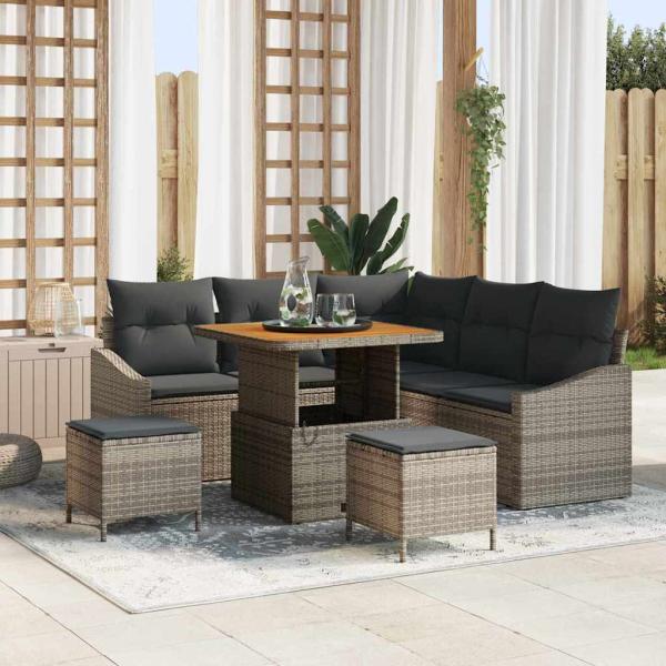 ARDEBO.de - 8-teiliges Garten Sofa Set mit Kissen Grau Poly Rattan Akazie, 2-Sitzer Garten Sofa mit Kissen Grau Poly Rattan, 3-teiliges Garten Ess-Set mit Kissen Grau Poly Rattan Akazie