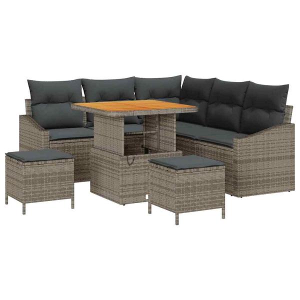 8-teiliges Garten Sofa Set mit Kissen Grau Poly Rattan Akazie, 2-Sitzer Garten Sofa mit Kissen Grau Poly Rattan, 3-teiliges Garten Ess-Set mit Kissen Grau Poly Rattan Akazie