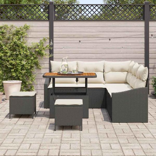 8-teiliges Garten-Sofa-Set mit Kissen Schwarz Poly Rattan Akazie, 2-Sitzer Garten-Sofa mit Kissen Schwarz Poly Rattan, 3-teiliges Garten-Dining-Set mit Kissen Schwarz Poly Rattan Akazie