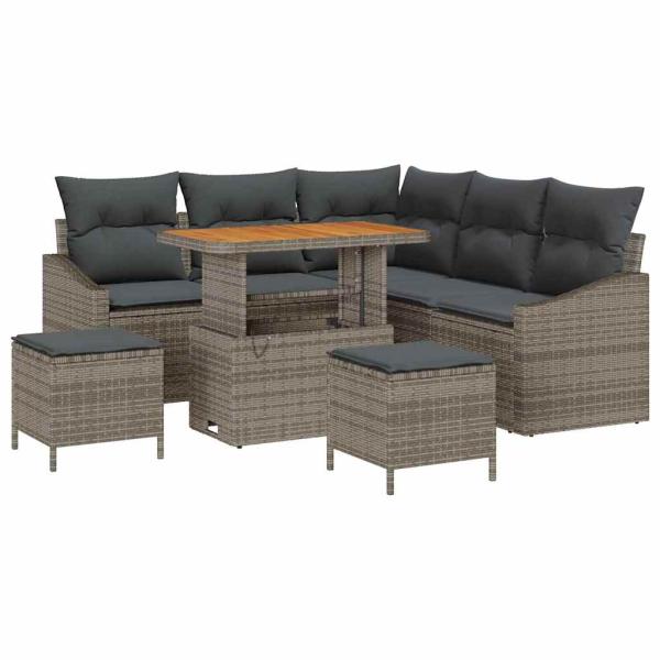 ARDEBO.de - 8-teiliges Garten Sofa Set mit Kissen Grau Poly Rattan Akazie, 2-Sitzer Garten Sofa mit Kissen Grau Poly Rattan, 3-teiliges Garten Essset mit Kissen Grau Poly Rattan Akazie