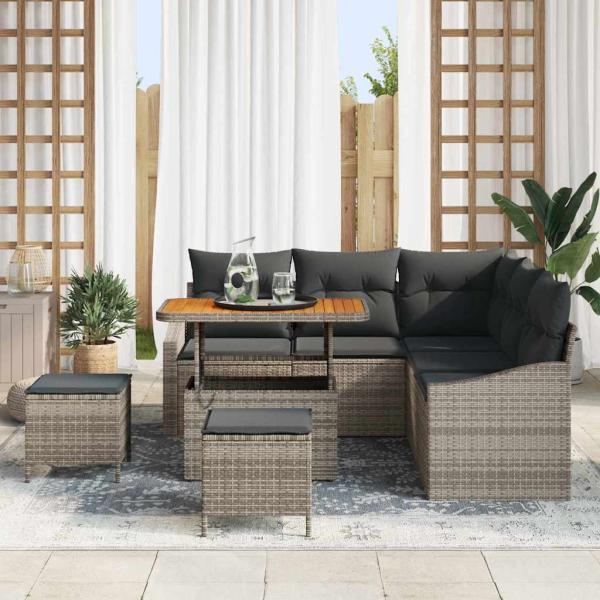 8-teiliges Garten Sofa Set mit Kissen Grau Poly Rattan Akazie, 2-Sitzer Garten Sofa mit Kissen Grau Poly Rattan, 3-teiliges Garten Essset mit Kissen Grau Poly Rattan Akazie