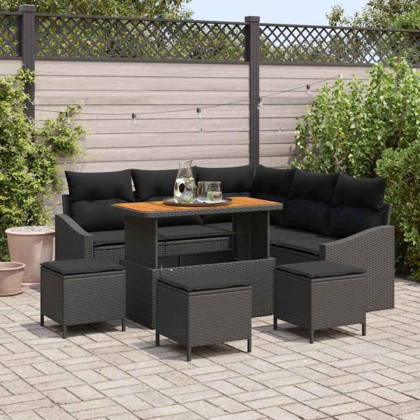 ARDEBO.de - 9-teiliges Garten Sofa Set mit Kissen Schwarz Poly Rattan Akazie, 2-Sitzer Garten Sofa mit Kissen Schwarz Poly Rattan, 4-teiliges Garten Essset mit Kissen Schwarz Poly Rattan Akazie