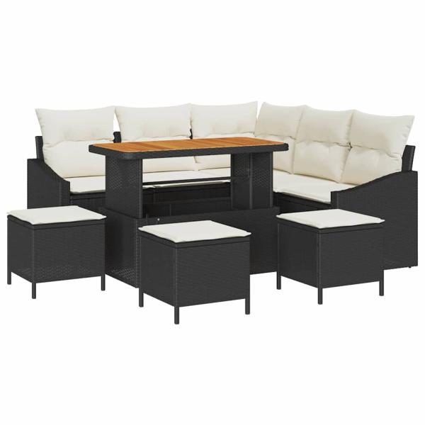 9-teiliges Garten Sofa Set mit Kissen Schwarz Poly Rattan Akazie, 2-Sitzer Garten Sofa mit Kissen Schwarz Poly Rattan, 4-teiliges Garten Essset mit Kissen Schwarz Poly Rattan Akazie