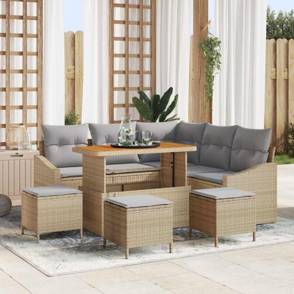 ARDEBO.de - 9 Teile Garten Sofa Set mit Kissen Beige Poly Rattan Akazie, 2-Sitzer Garten Sofa mit Kissen Beige Poly Rattan, 4-teiliges Garten Essset mit Kissen Beige Poly Rattan Akazie