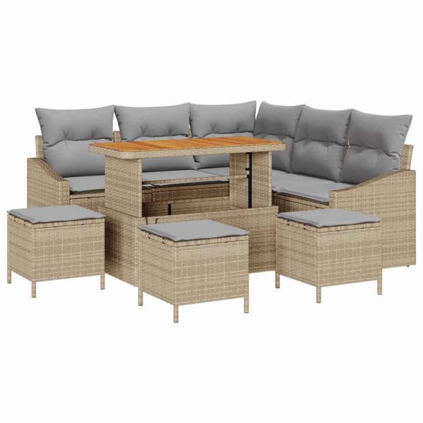 9 Teile Garten Sofa Set mit Kissen Beige Poly Rattan Akazie, 2-Sitzer Garten Sofa mit Kissen Beige Poly Rattan, 4-teiliges Garten Essset mit Kissen Beige Poly Rattan Akazie