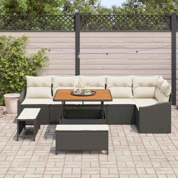 9-teiliges Garten-Sofa-Set mit Kissen Schwarz Poly Rattan Akazie, 2-Sitzer Garten-Sofa mit Kissen Schwarz Poly Rattan, 3-teiliges Garten-Dining-Set mit Kissen Schwarz Poly Rattan Akazie
