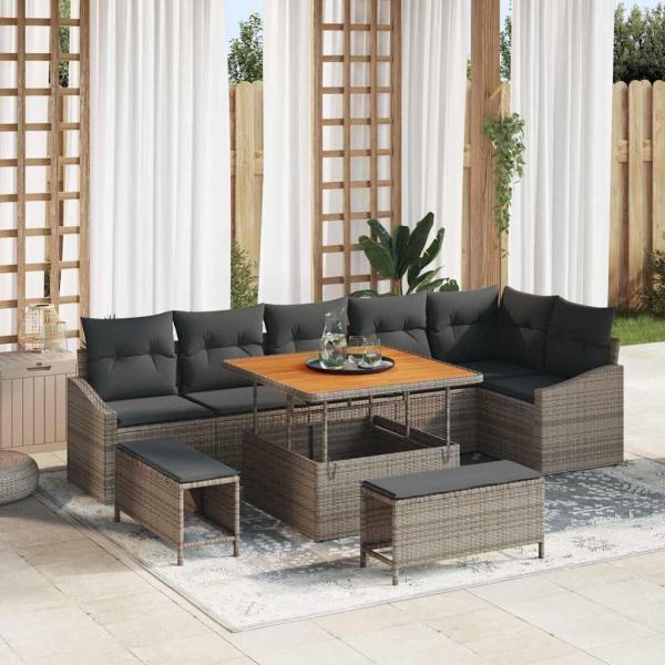 ARDEBO.de - 9-teiliges Garten Sofa Set mit Kissen Grau Poly Rattan Akazie, 2-Sitzer Garten Sofa mit Kissen Grau Poly Rattan, 3-teiliges Garten Essenset mit Kissen Grau Poly Rattan Akazie