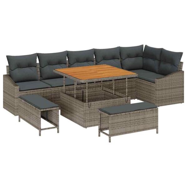 9-teiliges Garten Sofa Set mit Kissen Grau Poly Rattan Akazie, 2-Sitzer Garten Sofa mit Kissen Grau Poly Rattan, 3-teiliges Garten Essenset mit Kissen Grau Poly Rattan Akazie