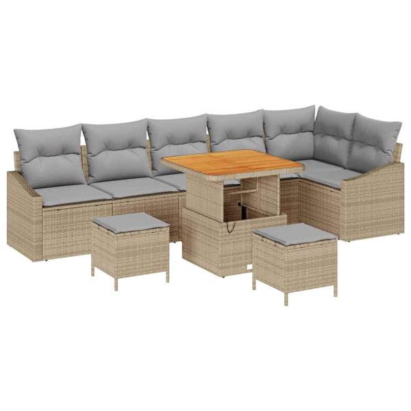 9-teiliges Garten Sofa Set mit Kissen Beige Poly Rattan Akazie, 2-Sitzer Garten Sofa mit Kissen Beige Poly Rattan, 3-teiliges Garten Ess-Set mit Kissen Beige Poly Rattan Akazie