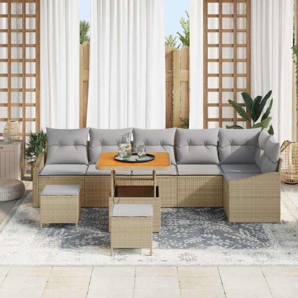 9-teiliges Garten Sofa Set mit Kissen Beige Poly Rattan Akazie, 2-Sitzer Garten Sofa mit Kissen Beige Poly Rattan, 3-teiliges Garten Ess-Set mit Kissen Beige Poly Rattan Akazie