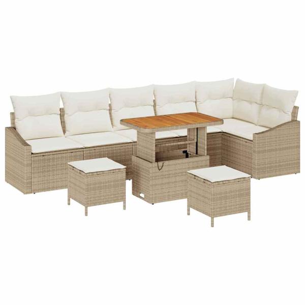 9-teiliges Garten Sofa Set mit Kissen Beige Poly Rattan Akazie, 2-Sitzer Garten Sofa mit Kissen Beige Poly Rattan, 3-teiliges Garten Essset mit Kissen Beige Poly Rattan Akazie