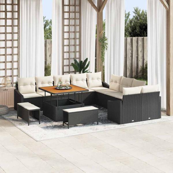 ARDEBO.de - 13-teiliges Garten-Sofa-Set mit Kissen Schwarz Poly-Rattan Akazie, 2-Sitzer Garten-Sofa mit Kissen Schwarz Poly-Rattan, 3-teiliges Garten-Ess-Set mit Kissen Schwarz Poly-Rattan Akazie