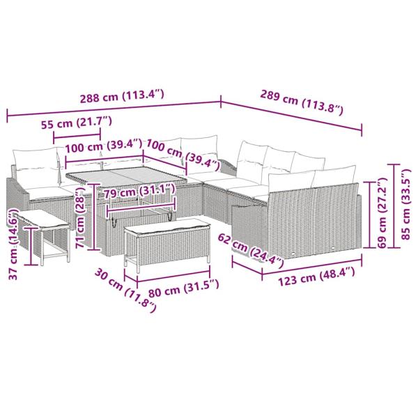13-teiliges Garten-Sofa-Set mit Kissen Beige, 2-Sitzer Garten-Sofa mit Kissen Beige, 3-teiliges Garten-Esstisch-Set mit Kissen Beige