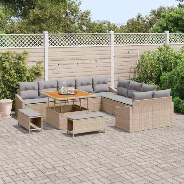13-teiliges Garten-Sofa-Set mit Kissen Beige, 2-Sitzer Garten-Sofa mit Kissen Beige, 3-teiliges Garten-Esstisch-Set mit Kissen Beige