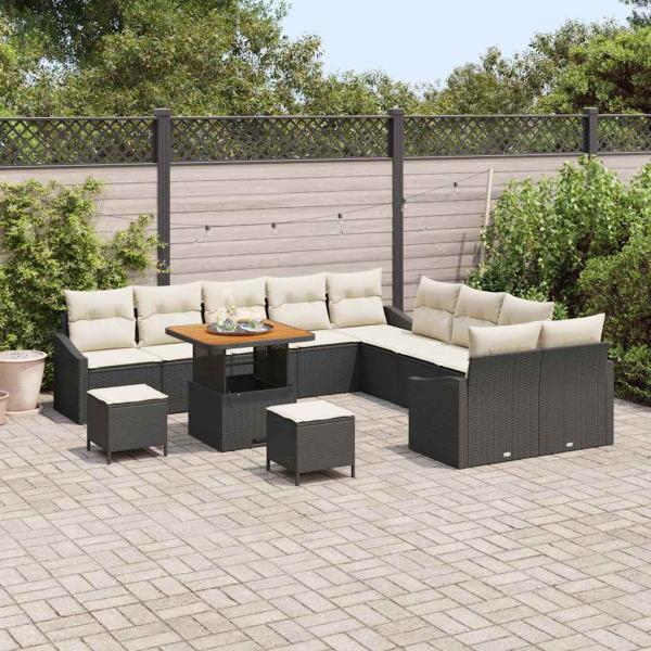 13-teiliges Garten-Sofa-Set mit Kissen Schwarz Poly-Rattan Akazie, 2-Sitzer-Garten-Sofa mit Kissen Schwarz Poly-Rattan, 3-teiliges Garten-Ess-Set mit Kissen Schwarz Poly-Rattan Akazie