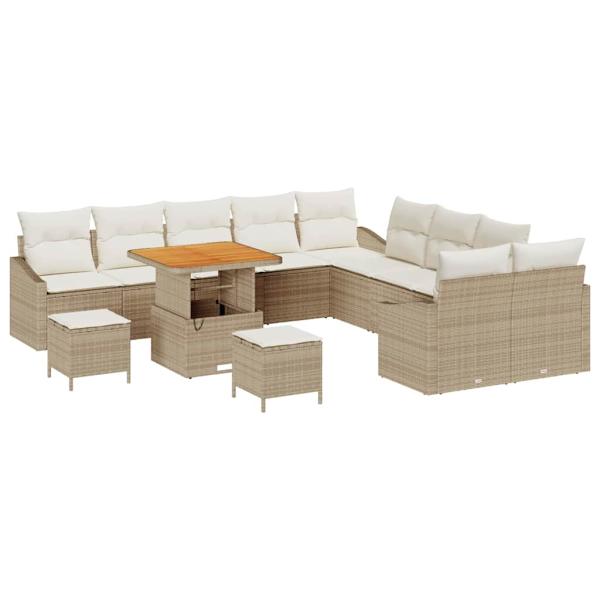 13-teiliges Garten Sofa Set mit Kissen Beige Poly Rattan Akazie, 2-Sitzer Garten Sofa mit Kissen Beige Poly Rattan, 3-teiliges Garten Esstisch Set mit Kissen Beige Poly Rattan Akazie
