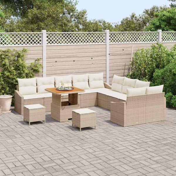 13-teiliges Garten Sofa Set mit Kissen Beige Poly Rattan Akazie, 2-Sitzer Garten Sofa mit Kissen Beige Poly Rattan, 3-teiliges Garten Esstisch Set mit Kissen Beige Poly Rattan Akazie