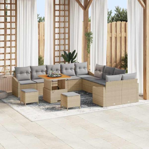 ARDEBO.de - 13-teiliges Garten Sofa Set mit Kissen Beige Poly Rattan Akazie, 2-Sitzer Garten Sofa mit Kissen Beige Poly Rattan, 3-teiliges Garten Ess-Set mit Kissen Beige Poly Rattan Akazie