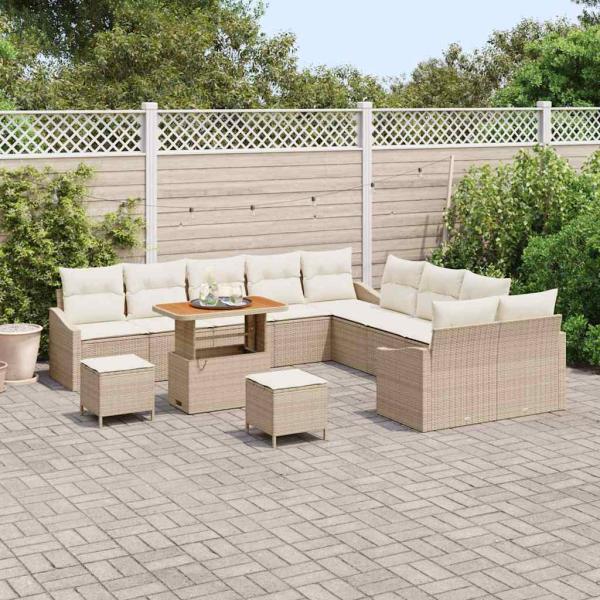 13-teiliges Garten-Sofa-Set mit Kissen Beige Poly-Rattan Akazie, 2-Sitzer-Garten-Sofa mit Kissen Beige Poly-Rattan, 3-teiliges Garten-Ess-Set mit Kissen Beige Poly-Rattan Akazie
