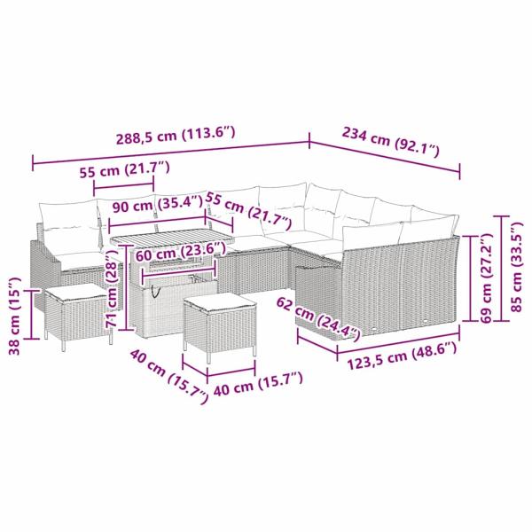 13-teiliges Garten Sofa Set mit Kissen Beige Poly Rattan Akazie, 2-Sitzer Garten Sofa mit Kissen Beige Poly Rattan, 3-teiliges Garten Essset mit Kissen Beige Poly Rattan Akazie