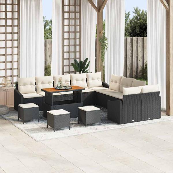 ARDEBO.de - 14-teiliges Gartensofa Set mit Kissen Schwarz Poly-Rattan Akazie, 2-Sitzer Gartensofa mit Kissen Schwarz Poly-Rattan, 4-teiliges Garten Essset mit Kissen Schwarz Poly-Rattan Akazie