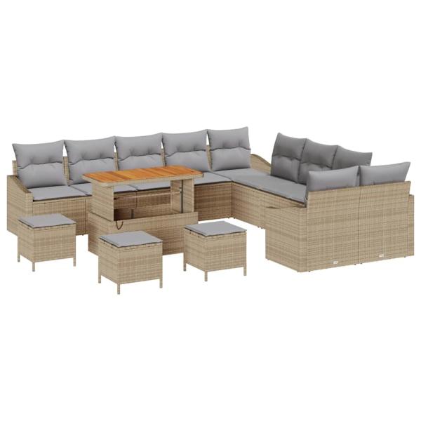 14-teiliges Garten Sofa Set mit Kissen Beige Poly Rattan Akazie, 2-Sitzer Garten Sofa mit Kissen Beige Poly Rattan, 4-teiliges Garten Essenset mit Kissen Beige Poly Rattan Akazie