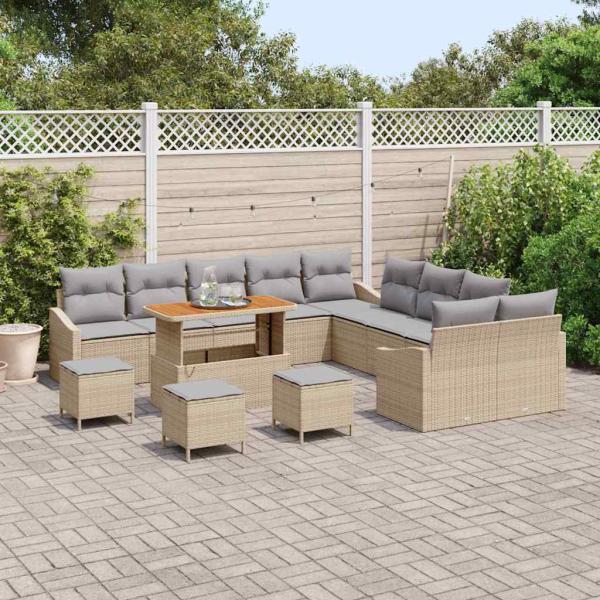 14-teiliges Garten Sofa Set mit Kissen Beige Poly Rattan Akazie, 2-Sitzer Garten Sofa mit Kissen Beige Poly Rattan, 4-teiliges Garten Essenset mit Kissen Beige Poly Rattan Akazie