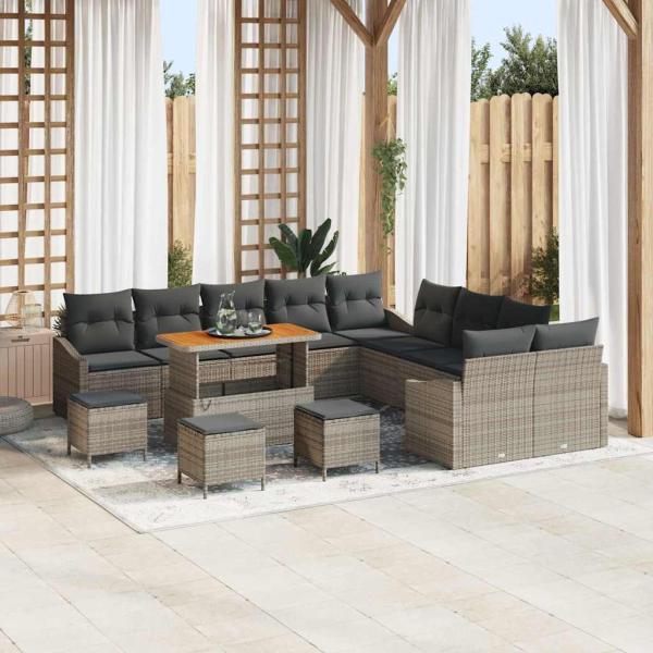 ARDEBO.de - 14-teiliges Garten-Sofa-Set mit Kissen Grau Poly-Rattan Akazie, 2-Sitzer Garten-Sofa mit Kissen Grau Poly-Rattan, 4-teiliges Garten-Dining-Set mit Kissen Grau Poly-Rattan Akazie