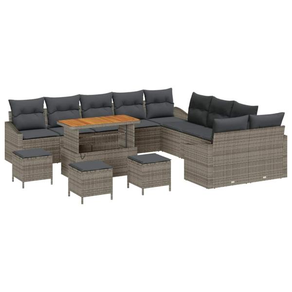 14-teiliges Garten-Sofa-Set mit Kissen Grau Poly-Rattan Akazie, 2-Sitzer Garten-Sofa mit Kissen Grau Poly-Rattan, 4-teiliges Garten-Dining-Set mit Kissen Grau Poly-Rattan Akazie