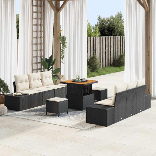 ARDEBO.de - 9-teilige Garten Sofa Set mit Kissen Schwarz Poly Rattan Akazie, 2-Sitzer Garten Sofa mit Kissen Schwarz Poly Rattan, 3-teilige Garten Esstisch Set mit Kissen Schwarz Poly Rattan Akazie