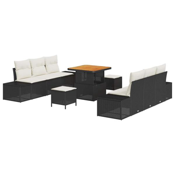 9-teilige Garten Sofa Set mit Kissen Schwarz Poly Rattan Akazie, 2-Sitzer Garten Sofa mit Kissen Schwarz Poly Rattan, 3-teilige Garten Esstisch Set mit Kissen Schwarz Poly Rattan Akazie