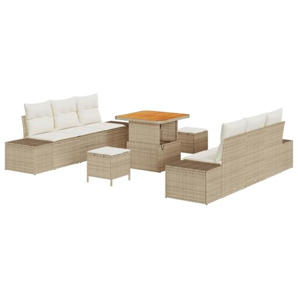 9-teiliges Garten Sofa Set mit Kissen Beige Poly Rattan Akazie, 2-Sitzer Garten Sofa mit Kissen Beige Poly Rattan, 3-teiliges Garten Esstisch Set mit Kissen Beige Poly Rattan Akazie