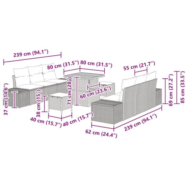 9-teiliges Garten Sofa Set mit Kissen Beige Poly Rattan Akazie, 2-Sitzer Garten Sofa mit Kissen Beige Poly Rattan, 3-teiliges Garten Esstisch Set mit Kissen Beige Poly Rattan Akazie