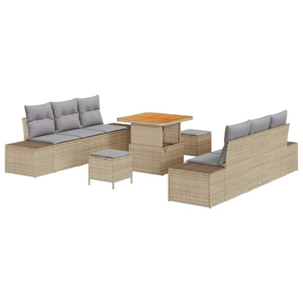 ARDEBO.de - 9-teiliges Garten Sofa Set mit Kissen Beige Poly Rattan Akazie, 2-Sitzer Garten Sofa mit Kissen Beige Poly Rattan, 3-teiliges Garten Esszimmerset mit Kissen Beige Poly Rattan Akazie