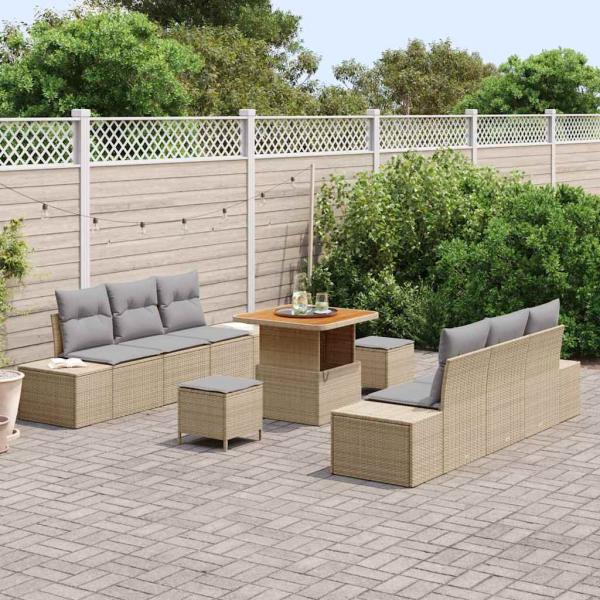9-teiliges Garten Sofa Set mit Kissen Beige Poly Rattan Akazie, 2-Sitzer Garten Sofa mit Kissen Beige Poly Rattan, 3-teiliges Garten Esszimmerset mit Kissen Beige Poly Rattan Akazie